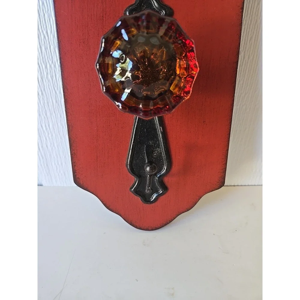 Vintage Wall Hook Rack Red Iron Door Knob Wood Coat Hat Hanger Rustic Farmhouse